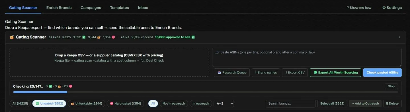 Opero3P Gating Scanner: 14,225 brands checked, 3,592 ungated, with a drop zone for a Keepa export or supplier catalog.