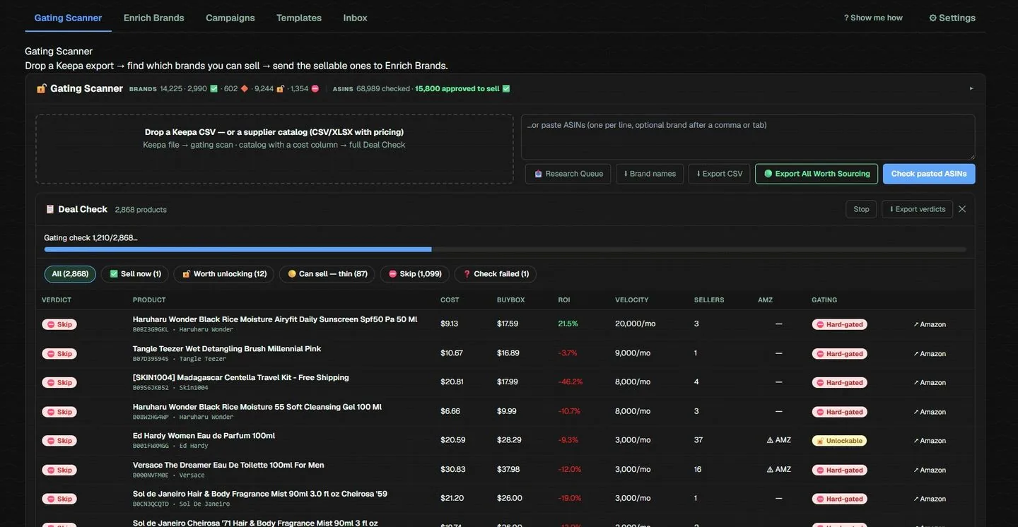 Opero3P Deal Check scoring a 2,868-product supplier catalog with ROI, velocity, sellers and gating